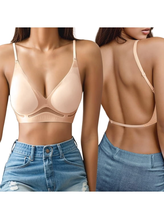 Women Wireless Triangle Bralette Deep V Plunge Multiway Mesh Bra Beige M