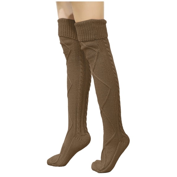 Gymayou Women's Cable Knit Thigh High Boot Socks Winter Stockings Leg Warmers Coffee