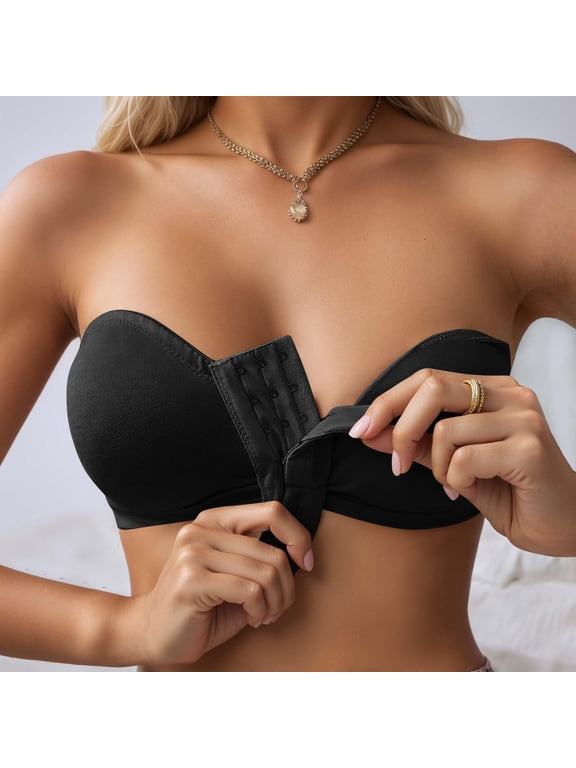Women's Front Closure Bandeau Bras Wireless Strapless Bras Front Clasp Black L