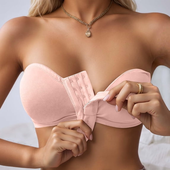 Gymayou Women's Front Closure Bandeau Bras Wireless Strapless Bras Front Clasp Pink S