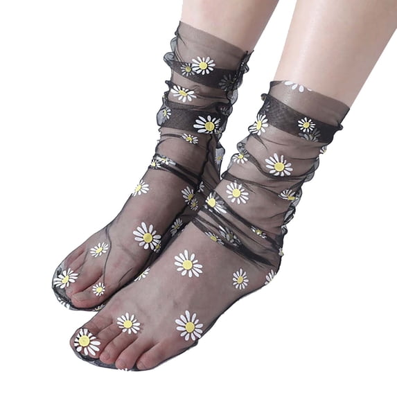 Gymayou Women's Lace Ankle Socks Sheer Mesh Slouch Cute Tulle Loose Transparent Dress Socks Black