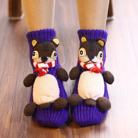 Gymayou Women‘s Non-slip Household Floor Socks Knit Casual Animals Slippers Socks Christmas Stockings Purple One Size