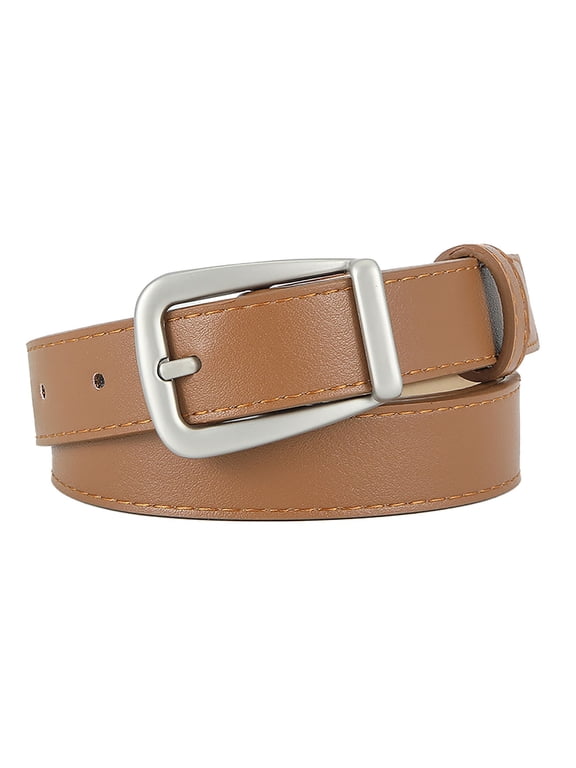 Gymayou Women's PU Leather Thin Waist Belt Minimalist Silver Square Buckle Skinny Dress Belt for Jeans Office Wear Khaki One Size
