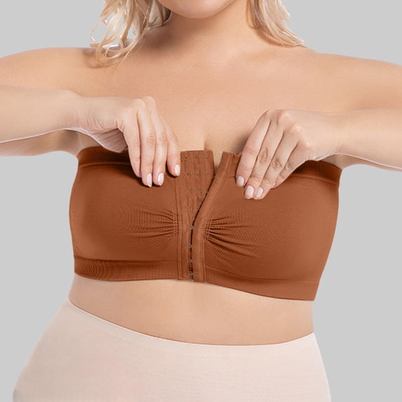 Gymayou Women's Plus Size Front Closure Push Up Strapless Bandeau Bra Wireless Tube Bralettes Breathable Bras Brown 5XL