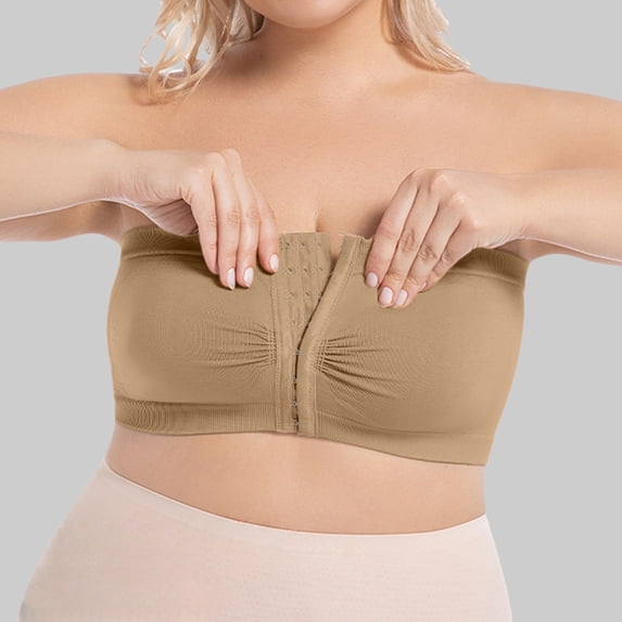 Gymayou Women's Plus Size Front Closure Push Up Strapless Bandeau Bra Wireless Tube Bralettes Breathable Bras Khaki M