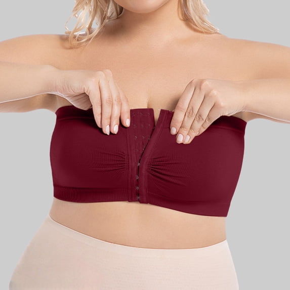 Gymayou Women's Plus Size Front Closure Push Up Strapless Bandeau Bra Wireless Tube Bralettes Breathable Bras Wine XL
