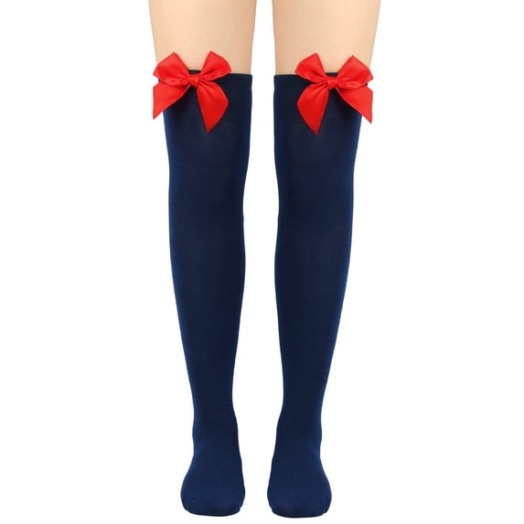 Gymayou Women’s Thigh Highs with Satin Bow Decor Knee High Long Socks Soft Stretchy Navy