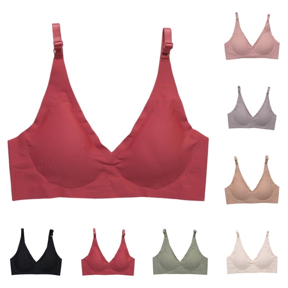 Gymayou Women's Wireless Seamless Bra Full Coverage Deep V Bralettes Softly Padded Comfort Bra with Adjustable Straps for Everyday Support Beige L