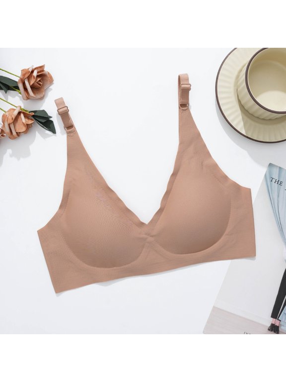 Women's Wireless Seamless Bra Full Coverage Deep V Bralettes Softly Padded Comfort Bra with Adjustable Straps for Everyday Support Khaki L