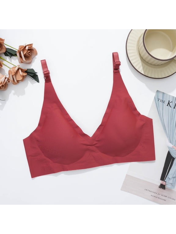 Women's Wireless Seamless Bra Full Coverage Deep V Bralettes Softly Padded Comfort Bra with Adjustable Straps for Everyday Support Red L