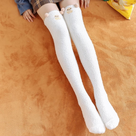 Gymayou Womens Thigh High Fuzzy Socks Warm Winter Over Knee High Long Striped Fluffy Cozy Fleece Socks White One Size