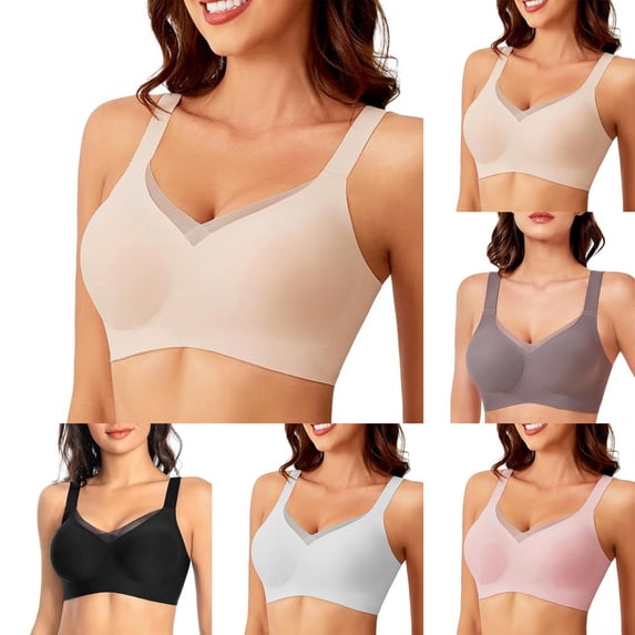 Gymayou Womens Wireless Jelly Bras V Mesh Comfortable Bralette Supportive Tshirt Bra No Underwire Seamless Push Up Everyday Bras Beige L