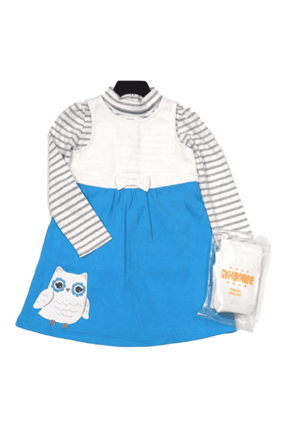 Girls 3 Piece Blue Owl Jumper Dress (Blue, 6)