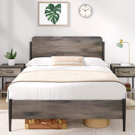 Gymchoice Platform Bed Frame with Rustic Vintage Wood Headboard & Safe Rounded Corners,Strong Metal Slats Support,Mattress Foundation,No Box Spring Needed