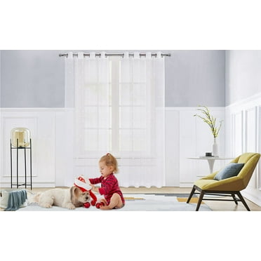 Gymchoice Sheer Curtains with Pompom Design,Jacquard Sheer Window Curtains,Faux Linen Textured Grommet Voile Curtains for Living Room Bedroom,2 Panels