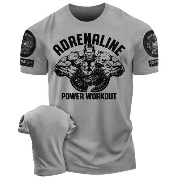 Gymish Adrenaline Workout T-Shirt for Men – Motivational Gym Tee, Funny Lifting Fitness Shirt, Heather Grey with Sleeve Logo, Small