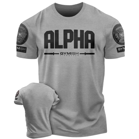 Gymish Alpha Workout T-Shirt for Men, Funny Gym Shirt, Lifting Tee, Deadlift Shirt, Men's Athletic Top, Heather Grey with Sleeve Logo, Small