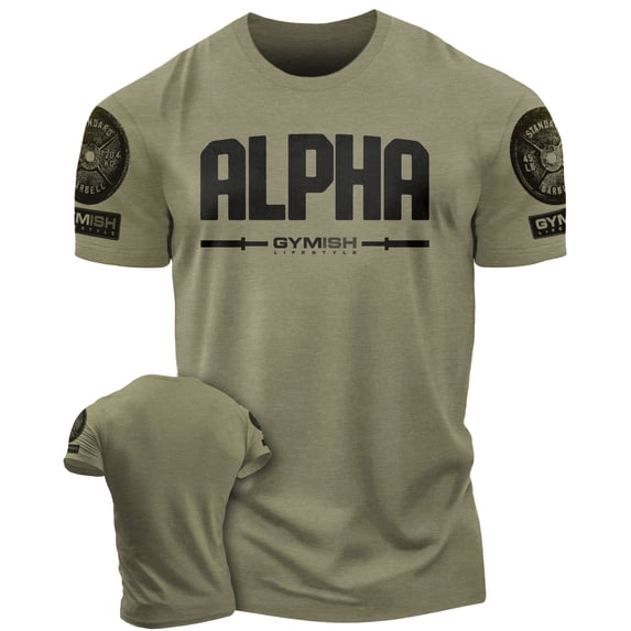 Gymish Alpha Workout T-Shirt for Men, Funny Gym Shirt, Lifting Tee, Deadlift Shirt, Men's Athletic Top, Military Green with Sleeve Logo, Large