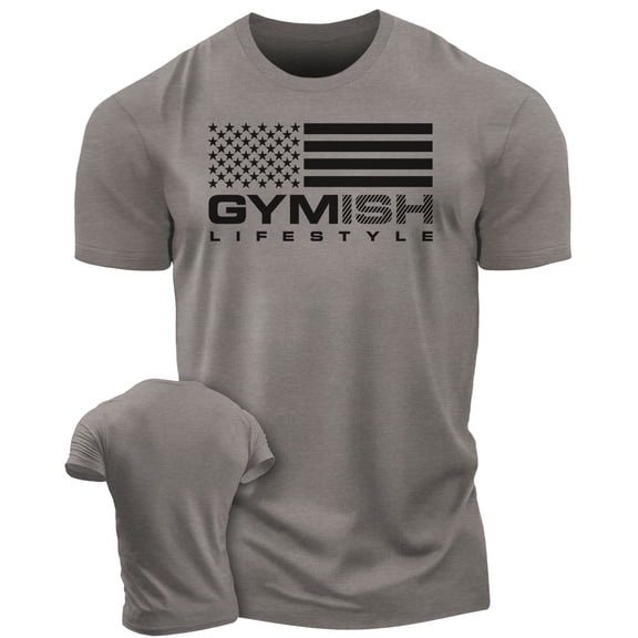Gymish American Flag Workout Shirt for Men – Patriotic Gym T-Shirt, Funny Lifting Tee, Men’s Athletic Workout Apparel, Warm Grey, Large