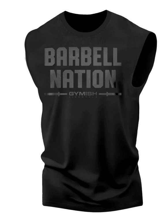 Barbell Nation Workout Tank Top for Men – Funny Gym Shirt, Men’s Athletic Tank, Black on Black, Medium