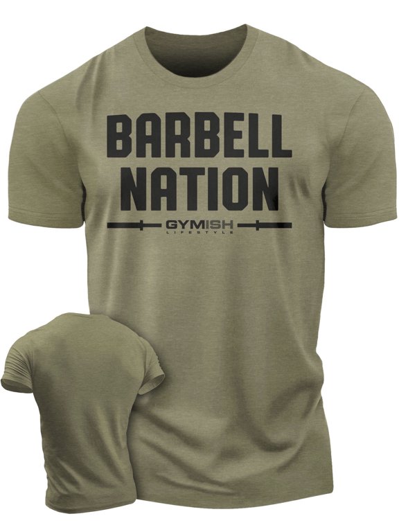 Barbell Nation Workout T-Shirt for Men – Funny Gym Shirt, Men’s Athletic Tee, Military Green, X-Large