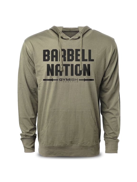 Barbell Nation Men's Workout Hoodie, Long Sleeve Graphic Pullover, Military Green, Large