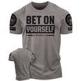 thumbnail image 1 of Gymish Bet On Yourself Workout T-Shirt for Men – Funny Gym Shirt, Motivational Fitness Tee, Men’s Workout Shirt, Warm Grey with Sleeve Logo, Small, 1 of 6