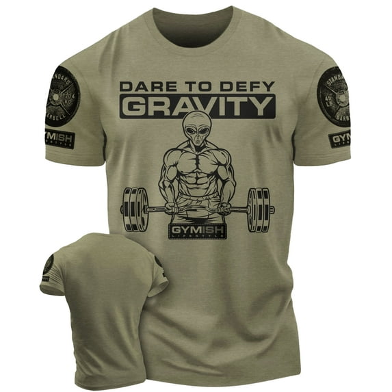 Gymish Dare to Defy Gravity Workout T-Shirt for Men – Funny Gym Shirt, Men's Athletic Tee, Lifting T-Shirt, Workout Clothes for Men, Fitness Apparel