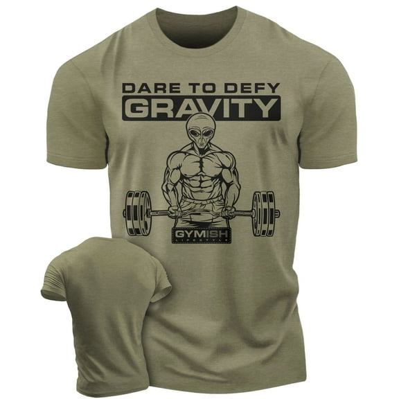 Gymish Dare to Defy Gravity Workout T-Shirt for Men – Funny Gym Shirt, Men's Athletic Tee, Lifting T-Shirt, Workout Clothes for Men, Fitness Apparel