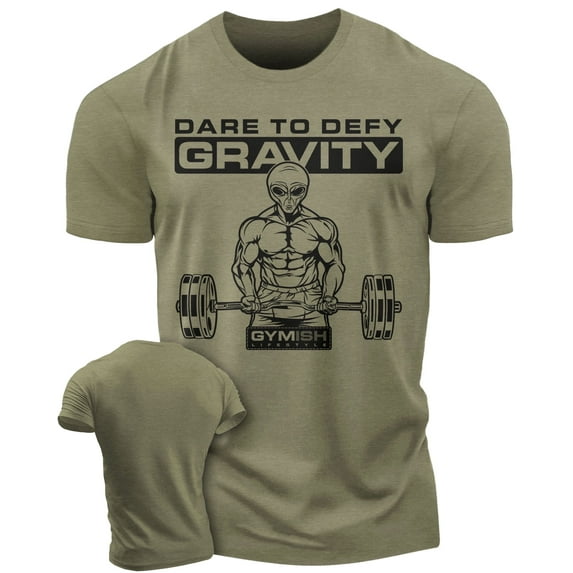 Gymish Dare to Defy Gravity Workout T-Shirt for Men – Funny Gym Shirt, Men's Athletic Tee, Lifting T-Shirt, Workout Clothes for Men, Fitness Apparel