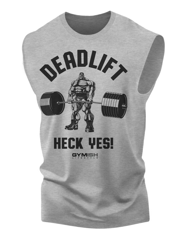 Deadlift Heck Yes Workout Muscle Tank Top for Men – Funny Deadlift Gym Tank, Motivational Lifting Shirt, Heather Grey, Medium