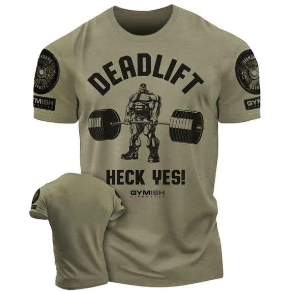 Gymish Deadlift Heck Yes Workout Shirt for Men – Funny Deadlift Gym T-Shirt, Motivational Lifting Tee, Military Green with Sleeve Logo, X-Large