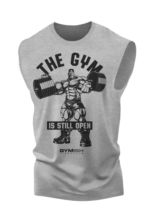 Gym Still Open Workout Muscle Tank Top for Men – Funny Motivational Gym Tank, Athletic Fitness Shirt, Heather Grey, Medium
