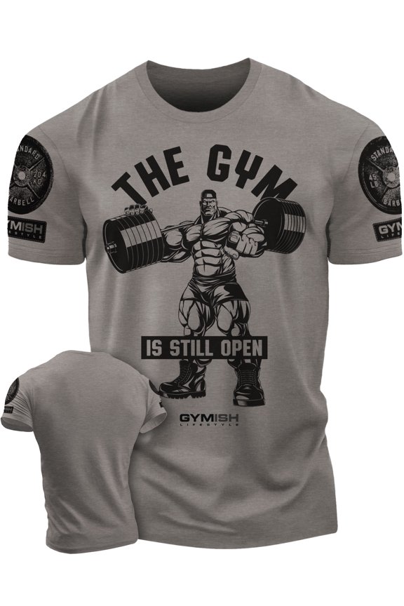 Gym Still Open Workout Shirt for Men – Funny Motivational Gym T-Shirt, Lifting Fitness Tee, Warm Grey with Sleeve Logo, X-Large