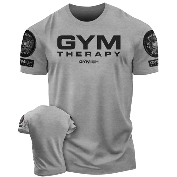 Gymish Gym Therapy Workout Shirt for Men – Motivational Funny Gym Tee, Athletic Gym Wear, Heather Grey with Sleeve Logo, Small