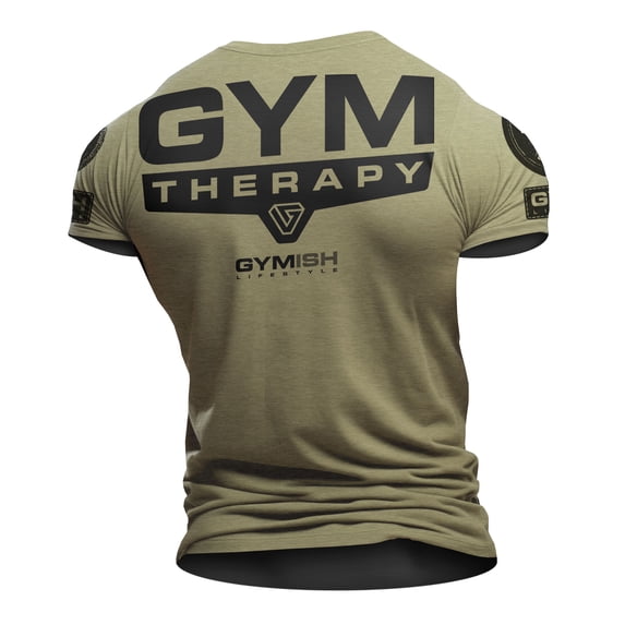 Gymish Gym Therapy Workout T-Shirt for Men – Funny Gym Shirt, Men's Workout Clothes, Athletic Gym Wear, Military Green with Sleeve Logo, Medium