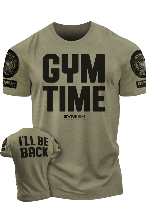 Gym Time Motivational Gym Shirt for Men – Funny Workout T-Shirt, Lifting Fitness Tee, Military Green with Sleeve Logo, Small