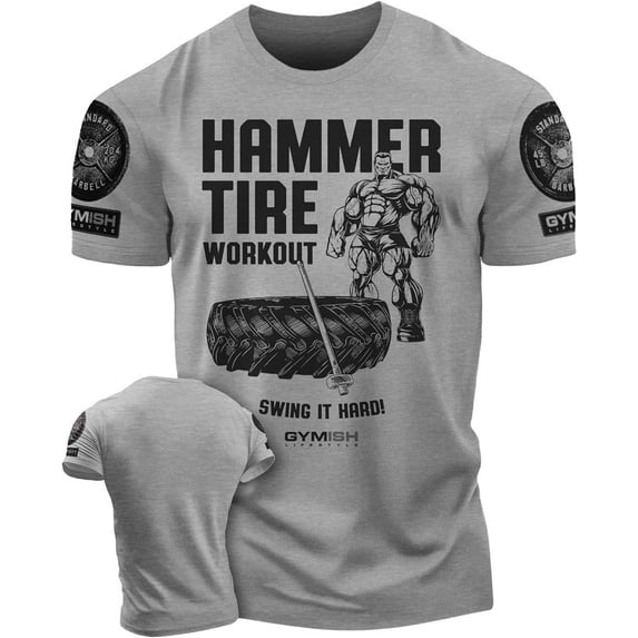 Gymish Hammer Tire Men’s Workout T-Shirt – Funny Gym Shirt, Lifting Tee, Deadlift Fitness & Bodybuilding Top