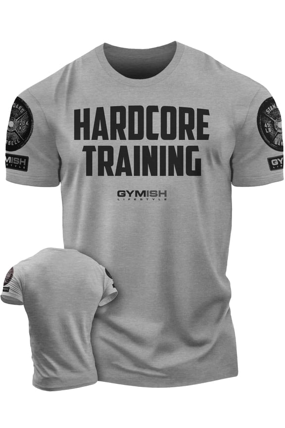 Hardcore Training Workout Shirt for Men – Motivational Gym T-Shirt, Athletic Fitness Gym Wear, Heather Grey with Sleeve Logo, XX-Large