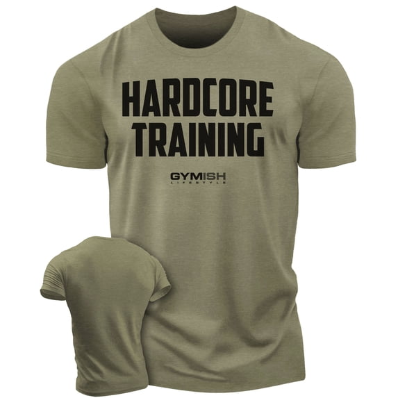 Gymish Hardcore Training Workout Shirt for Men – Motivational Gym T-Shirt, Athletic Fitness Gym Wear, Military Green, Small