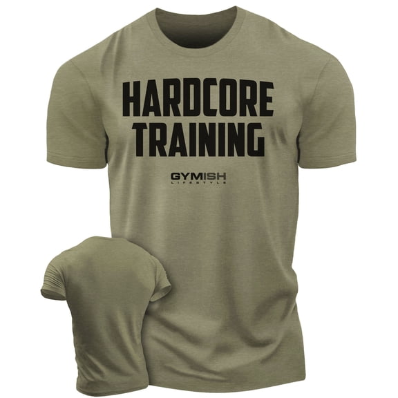 Gymish Hardcore Training Workout Shirt for Men – Motivational Gym T-Shirt, Athletic Fitness Gym Wear, Military Green, Small