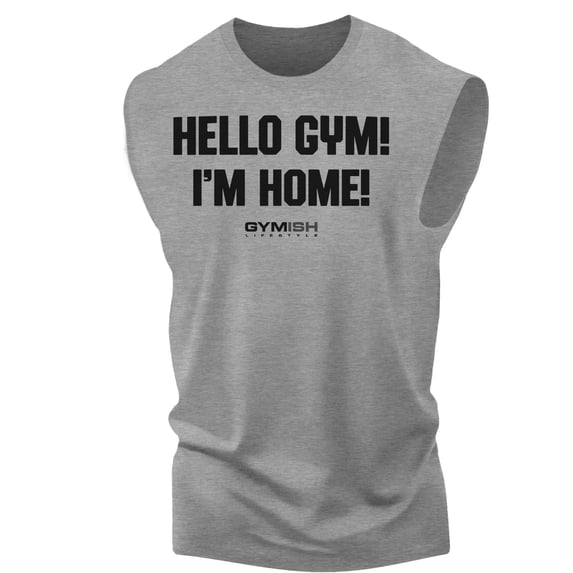 Gymish Hello Gym I’m Home Workout Muscle Tank Top for Men – Motivational Gym Tank, Athletic Fitness Wear, Heather Grey, Large