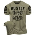 thumbnail image 1 of Gymish Hustle to Gain More Muscle T-Shirt – Motivational Gym Shirt for Men, Funny Lifting Workout Tee, Military Green with Sleeve Logo, Small, 1 of 6