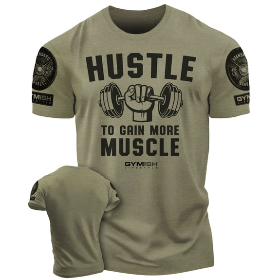 Gymish Hustle to Gain More Muscle T-Shirt – Motivational Gym Shirt for Men, Funny Lifting Workout Tee, Military Green with Sleeve Logo, Small