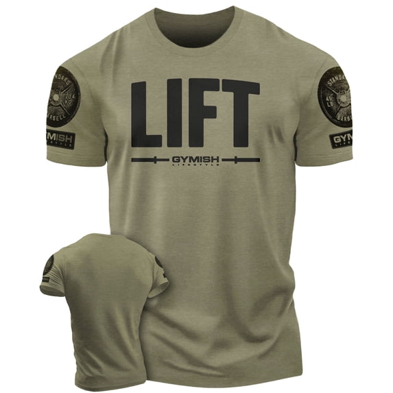 Gymish Lift Workout T-Shirt for Men, Funny Gym Shirt, Lifting Tee, Deadlift Shirt, Men's Athletic Top, Military Green with Sleeve Logo, X-Large