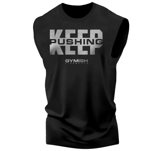 Gymish Keep Pushing Workout Muscle Tank Top – Funny Gym Shirt for Men, Lifting Tee, Deadlift T-Shirt, Men’s Workout Apparel, Athletic Gym Wear