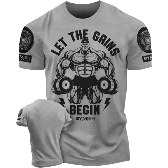 Gymish Let The Gains Begin Men’s Workout T-Shirt – Funny Lifting Gym Tee, Deadlift Fitness Shirt for Men