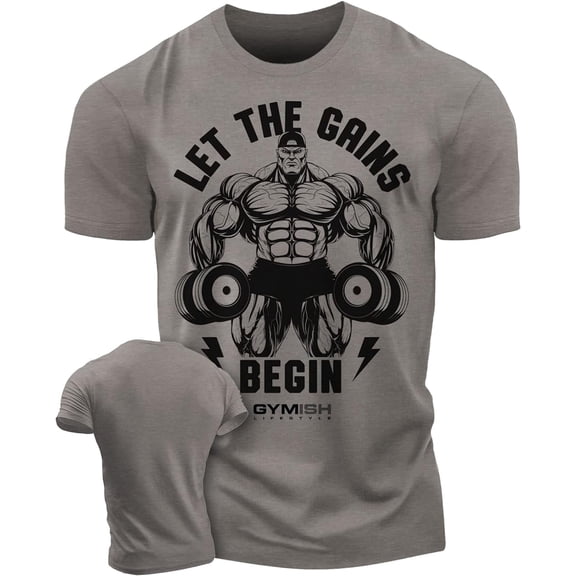 Gymish Let The Gains Begin Men’s Workout T-Shirt – Funny Lifting Gym Tee, Deadlift Fitness Shirt for Men