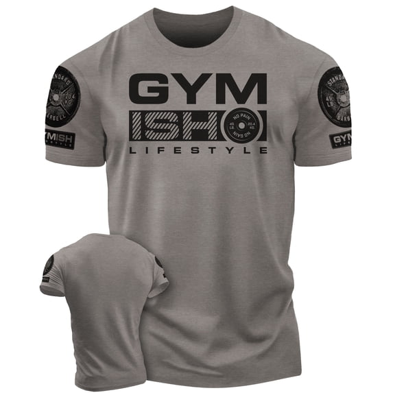 Gymish Lifestyle Workout T-Shirt for Men – Funny Gym Shirt, Lifting Tee, Deadlift Shirt, Warm Grey with Sleeve Logo, X-Large