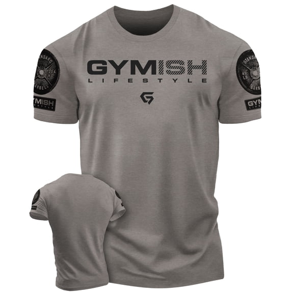 Gymish Lifestyle Workout T-Shirt for Men – Funny Gym Shirt, Motivational Lifting Tee, Deadlift Shirt, Warm Grey with Sleeve Logo, Medium